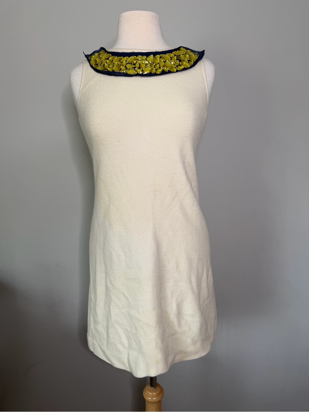 Vera Wang Lavender Label Cream Sleeveless Shift Dress with Yellow Beaded Collar